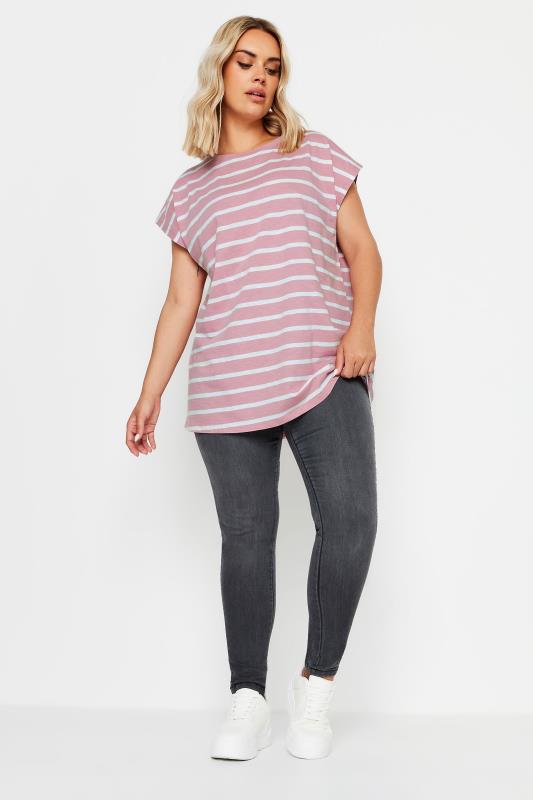 YOURS Plus Size Pink Stripe Grown On Sleeve T-Shirt | Yours Clothing  2