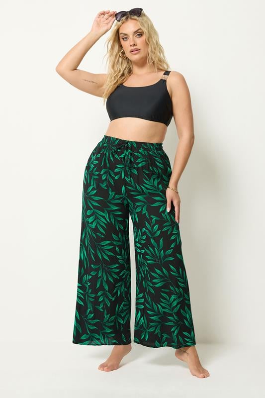  YOURS Curve Black & Green Leaf Print Crinkle Beachwear Wide Leg Trousers