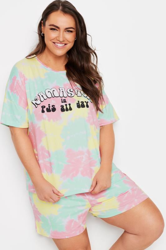 YOURS Plus Size Yellow Tie-Dye 'Namastay' Slogan Pyjama Set | Yours Clothing 4