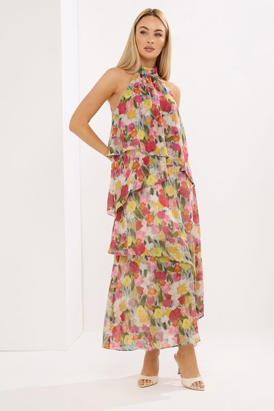  Yours STAR Pink Floral Tiered Halterneck Dress