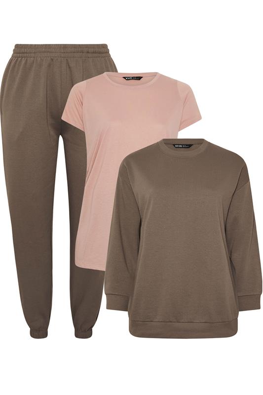 YOURS Plus Size Brown Sweatshirt Jogger & T-Shirt Set | Yours Clothing 1