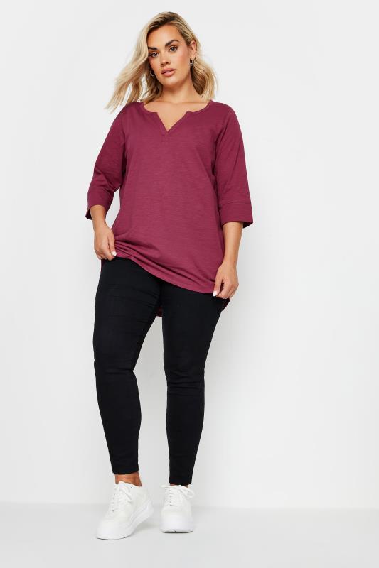 YOURS Curve Burgundy Red Notch Neck Top | Yours Clothing 2