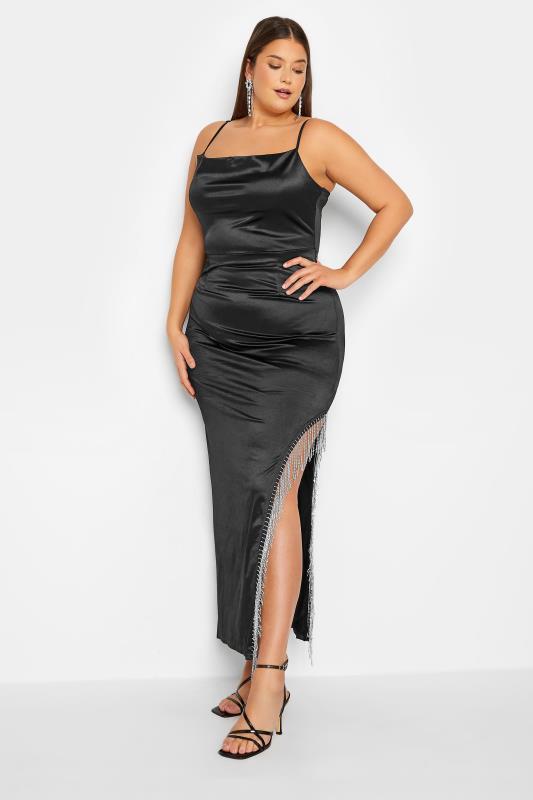 LTS Tall Black Maxi Diamante Spilt Slip Dress | Long Tall Sally 3