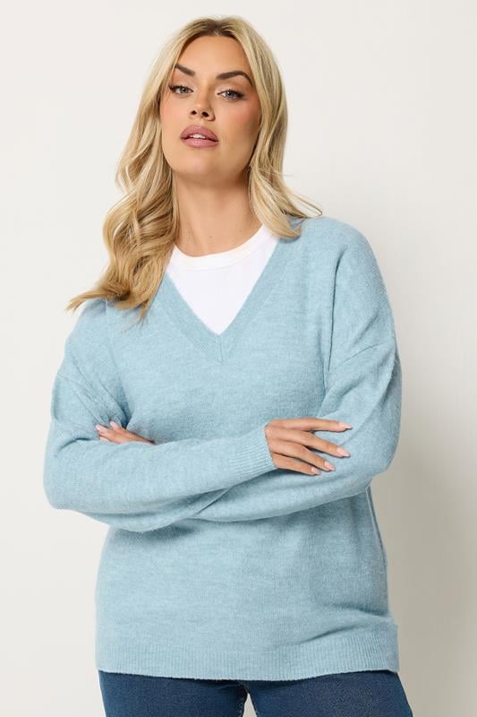  YOURS Curve Blue V-Neck Soft Touch Jumper