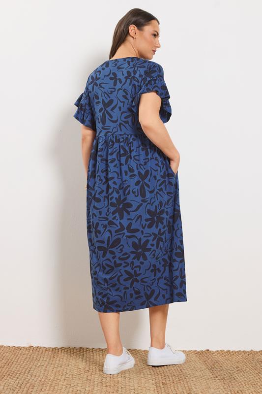 YOURS Plus Size Navy Blue Abstract Floral Midi Dress | Yours Clothing 2