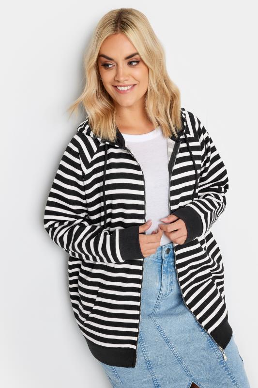 YOURS Plus Size Black & White Striped Zip Through Hoodie 1