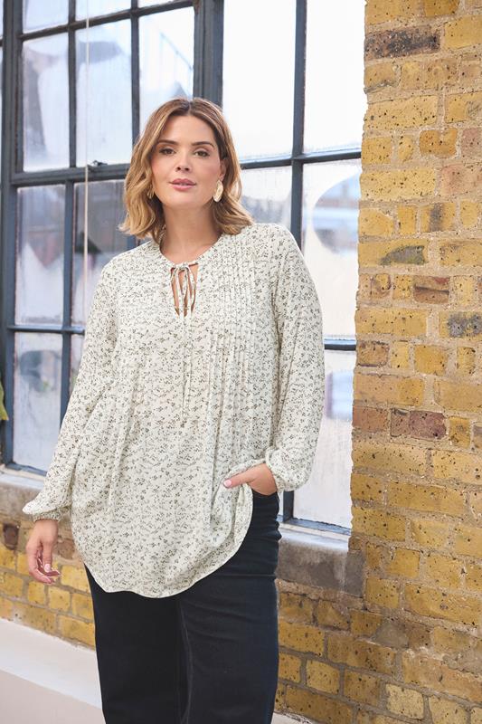 EVANS Plus Size Cream Floral Tie Neck Pintuck Blouse | Evans