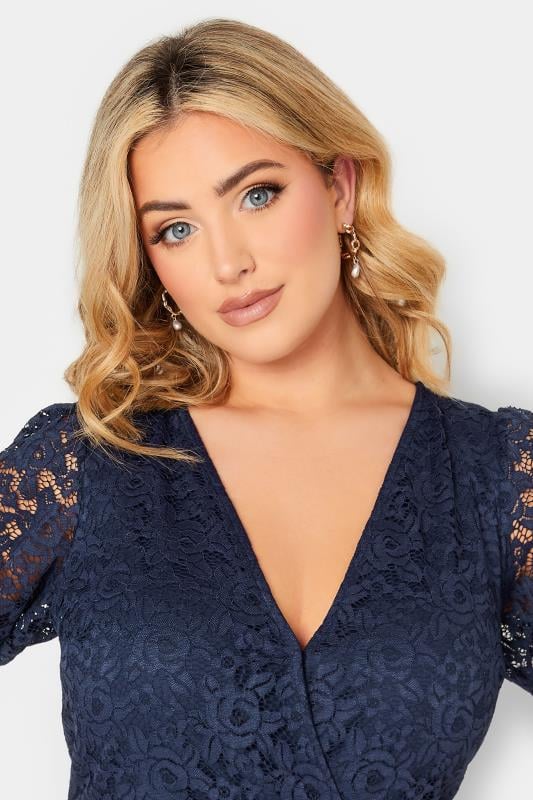 YOURS LONDON Plus Size Navy Blue Lace Wrap Dress | Yours Clothing  4