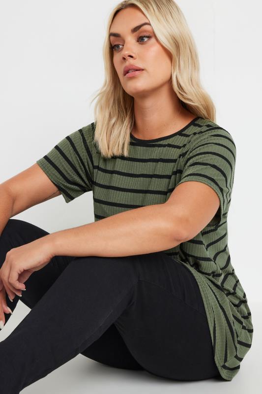 YOURS Plus Size Khaki Green Stripe Ribbed Swing T-Shirt | Yours Clothing  4