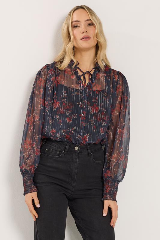 LTS Tall Navy Blue Floral Print Frill Neck Blouse | Long Tall Sally 1