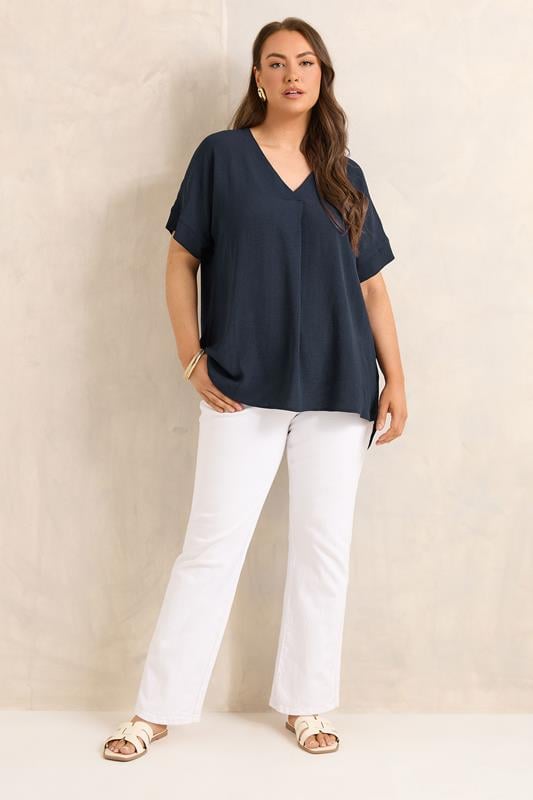 EVANS Plus Size Navy Blue Front Pleat Blouse | Evans 1
