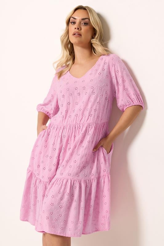 YOURS Curve Pink Broderie Anglaise Tiered Dress