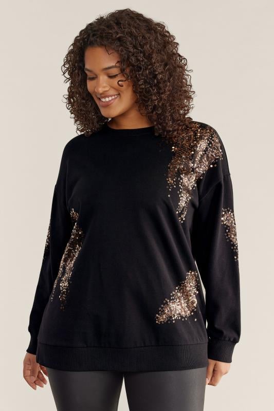 Plus Size  EVANS Curve Black & Bronze Sequin Sweatshirt