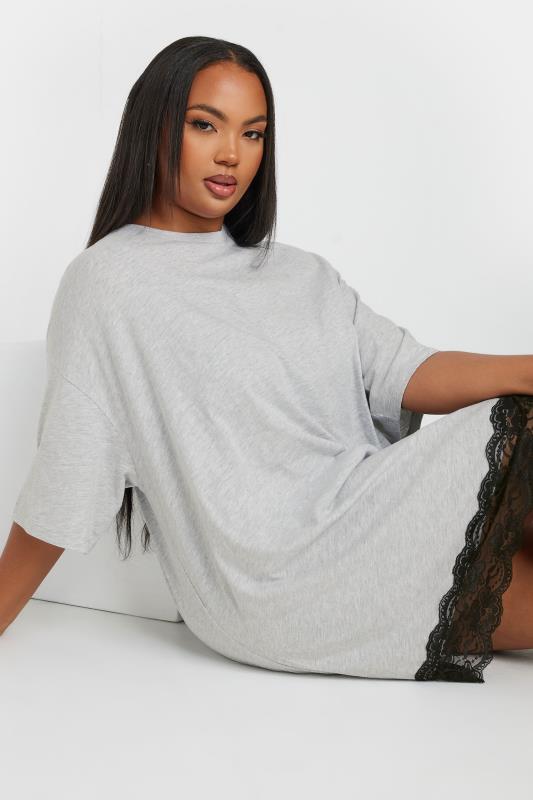 YOURS Plus Size Grey Lace Trim Oversized T-Shirt Dress | Yours Clothing 4