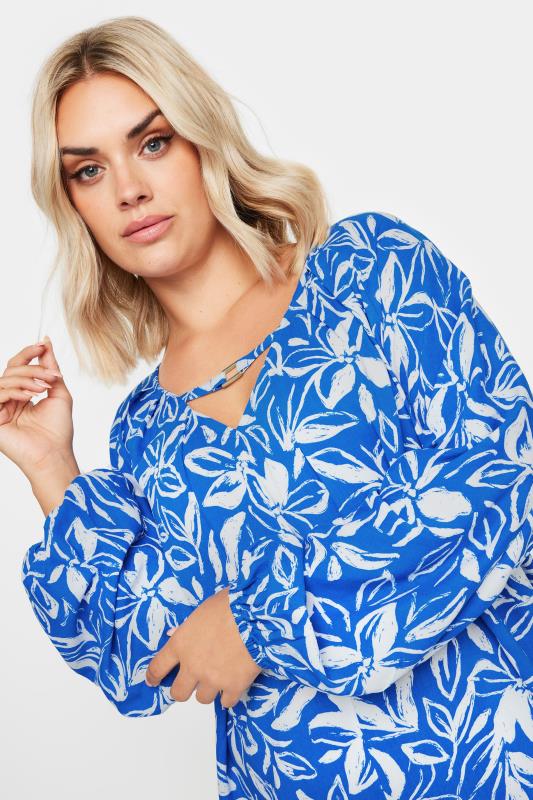 YOURS Plus Size Blue Floral Print Balloon Sleeve Blouse | Yours Clothing  1