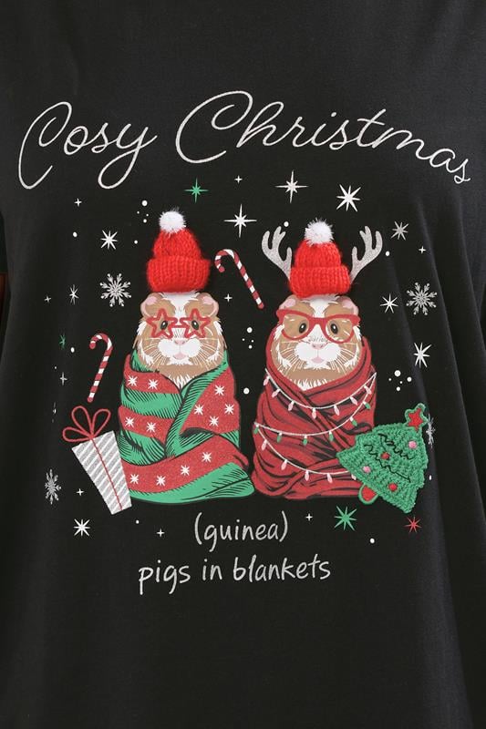 YOURS Plus Size Black Glitter 'Cosy Christmas' Guinea Pig Novelty T-Shirt | Yours Clothing 5