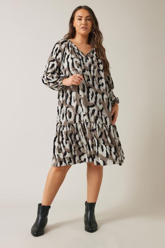 EVANS Plus Size Brown Animal Print Tiered Mini Dress | Evans 1