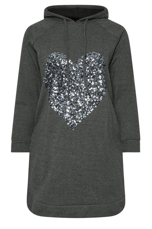 YOURS Plus Size Charcoal Grey Sequin Embellished Heart Hoodie Dress | Yours Clothing  5