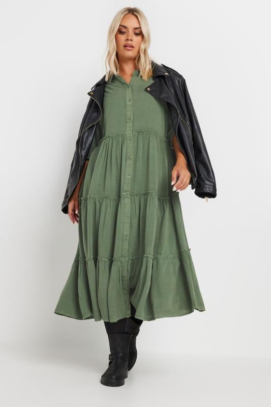 YOURS Plus Size Green Short Sleeve Tiered Midi Dress | Yours Clothing 1