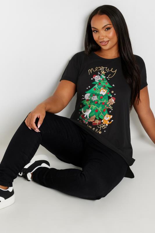 YOURS Plus Size Black 'Meowy Christmas' Slogan T-Shirt | Yours Clothing  4