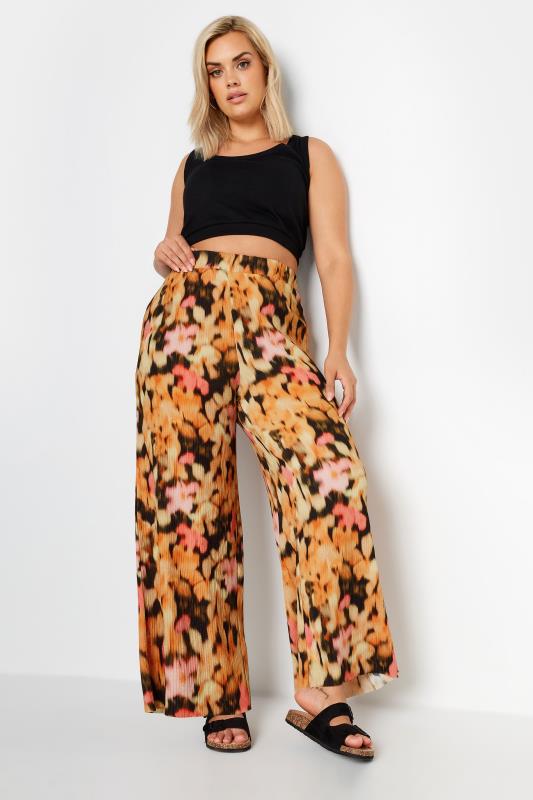 YOURS Plus Size Orange Floral Print Textured Wide Leg Trousers | Yours Clothing 2