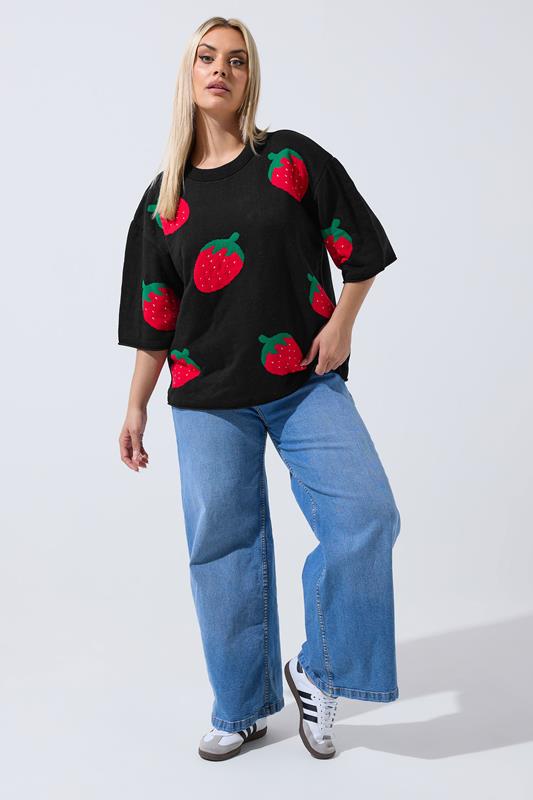 LIMITED COLLECTION Plus Size Black Strawberry Knitted Boxy Top | Yours Clothing 2