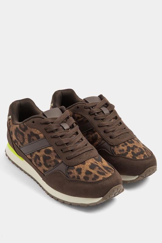 Brown Leopard Side Stripe Lace Up Trainer In Wide EEE Fit | Yours Clothing 1