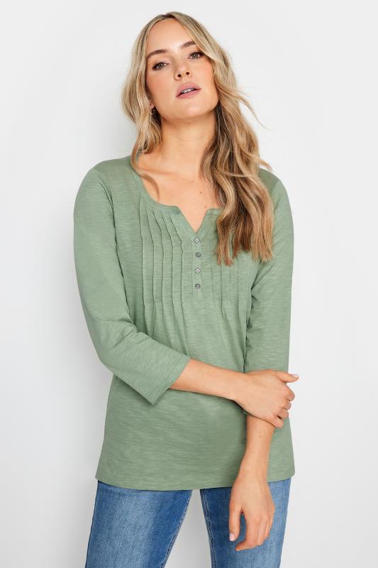 LTS Tall Womens Sage Green Cotton Henley Top | Long Tall Sally 1