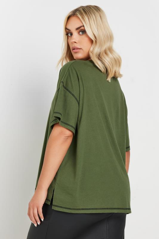 YOURS Plus Size Khaki Green Contrast Stitch T-Shirt | Yours Clothing 4