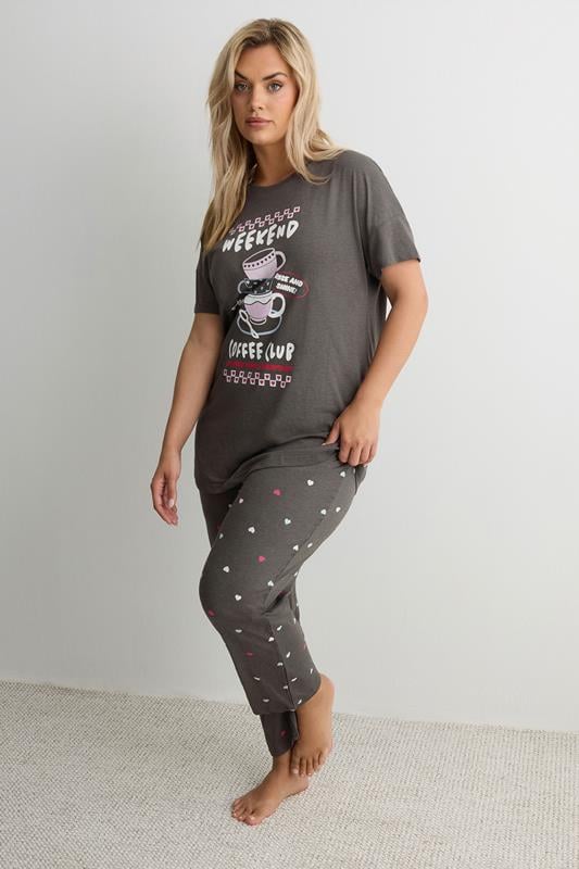  YOURS Curve Set Brown 'Weekend Coffee Club' Wide Leg Pyjama