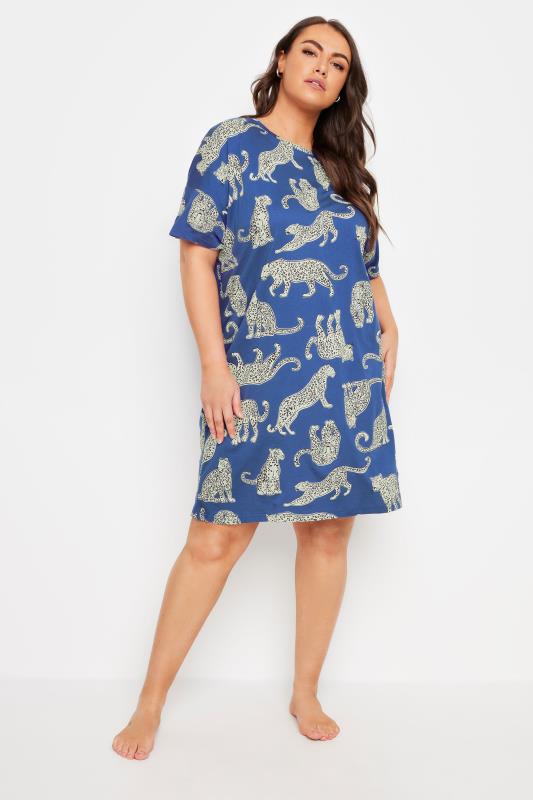 YOURS Plus Size Blue Leopard Print Sleep Tee Nightdress | Yours Clothing  2