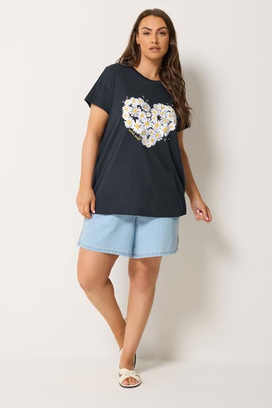 YOURS Plus Size Navy Daisy Heart Print T-Shirt | Yours Clothing 1