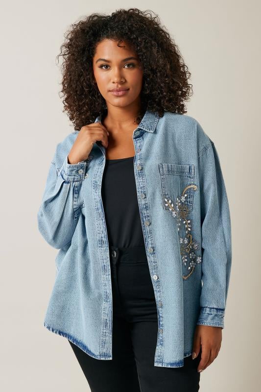 EVANS Plus Size Blue Denim Sequin Embellished Shirt | Evans 2