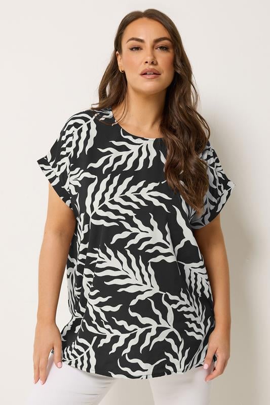 YOURS Curve Black Leaf Print Top