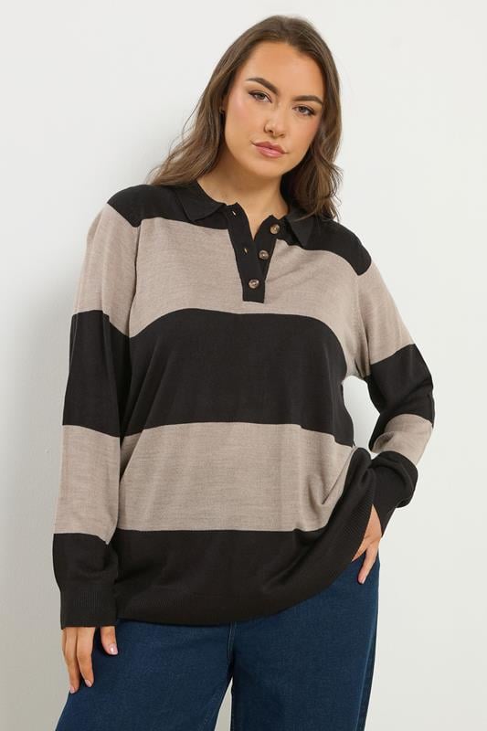  YOURS Curve Black Stripe Rugby Collar Jumper