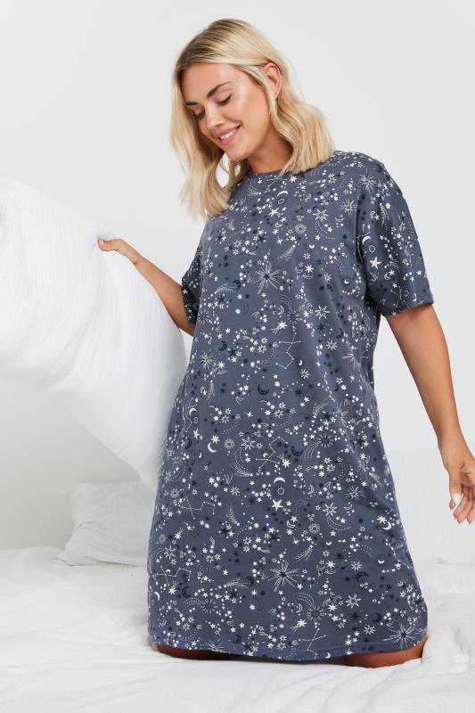 YOURS Plus Size Blue Celestial Print Sleep Tee Nightdress | Yours Clothing 2