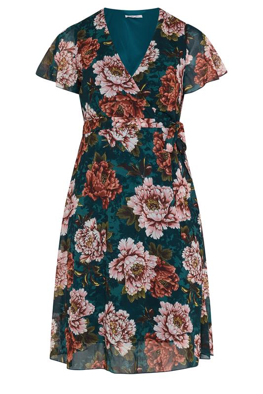 YOURS LONDON Plus Size Green & Pink Floral Wrap Dress | Yours Clothing 5