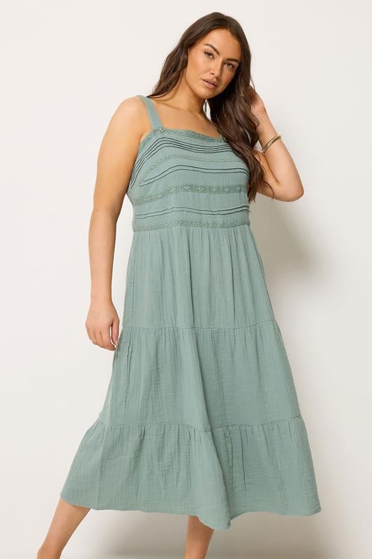 YOURS Curve Sage Green Cheesecloth Pleated Tiered Dress