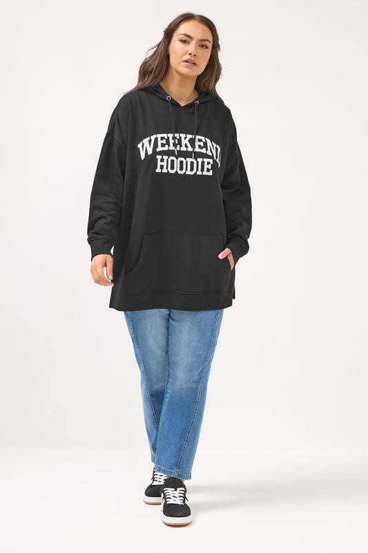 YOURS Plus Size Black 'Weekend Hoodie' Slogan Hoodie | Yours Clothing 1
