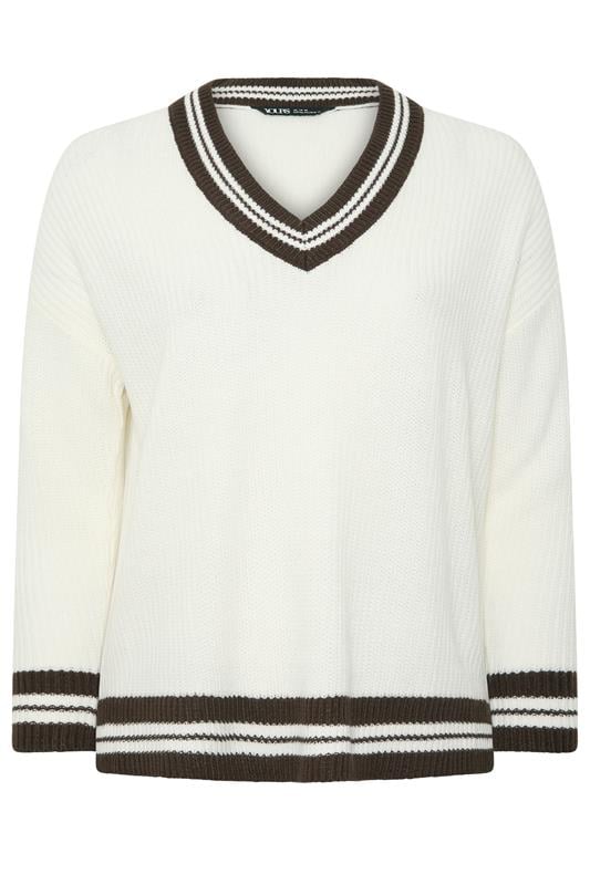 YOURS Plus Size White & Brown Knitted Tennis Jumper | Yours Clothing 1