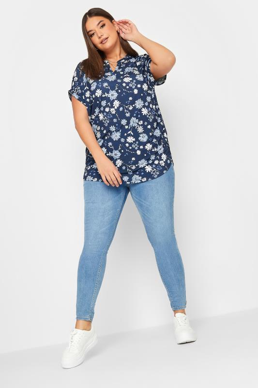YOURS Curve Plus Size Navy Blue Floral V-Neck Blouse | Yours Clothing  2