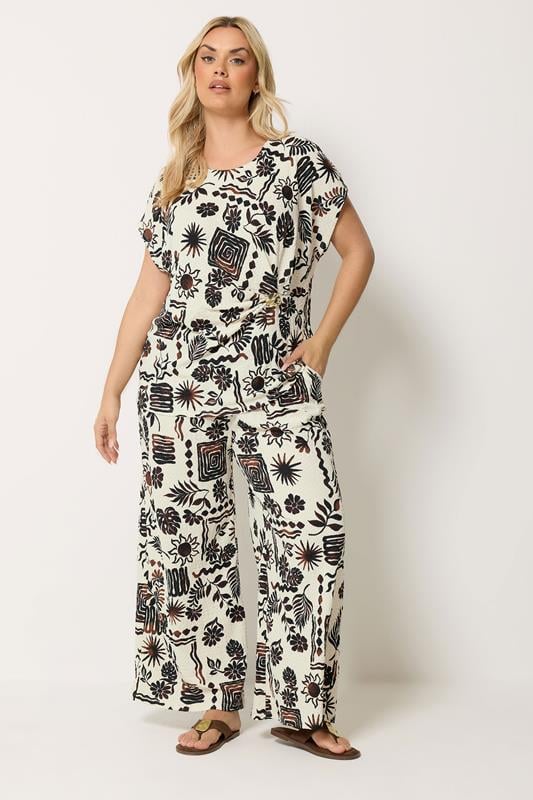 YOURS Curve Natural Brown Summer Print Crinkle Wide Leg Trousers