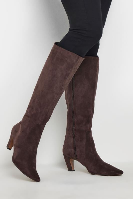 LTS Chocolate Brown Faux Suede Knee High Boots In Standard Fit | Long Tall Sally 1