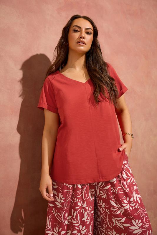  EVANS Curve Rust Orange V-Neck Cotton T-Shirt