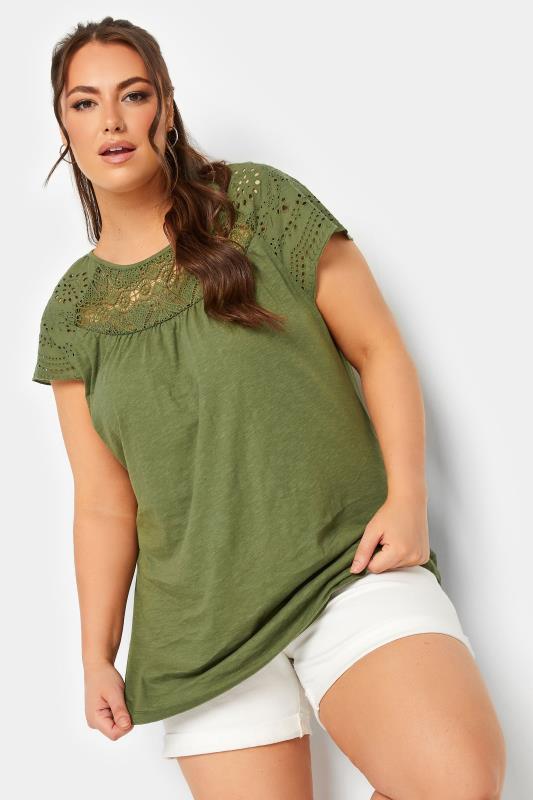 YOURS Plus Size Khaki Green Crochet Lace Top | Yours Clothing 1