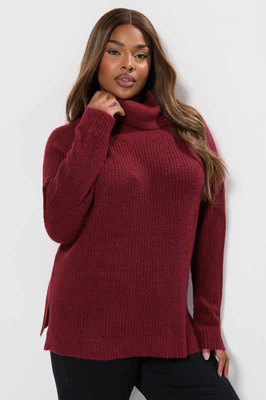 YOURS Plus Size Burgundy Red Roll Neck Knitted Jumper | Yours Clothing 1