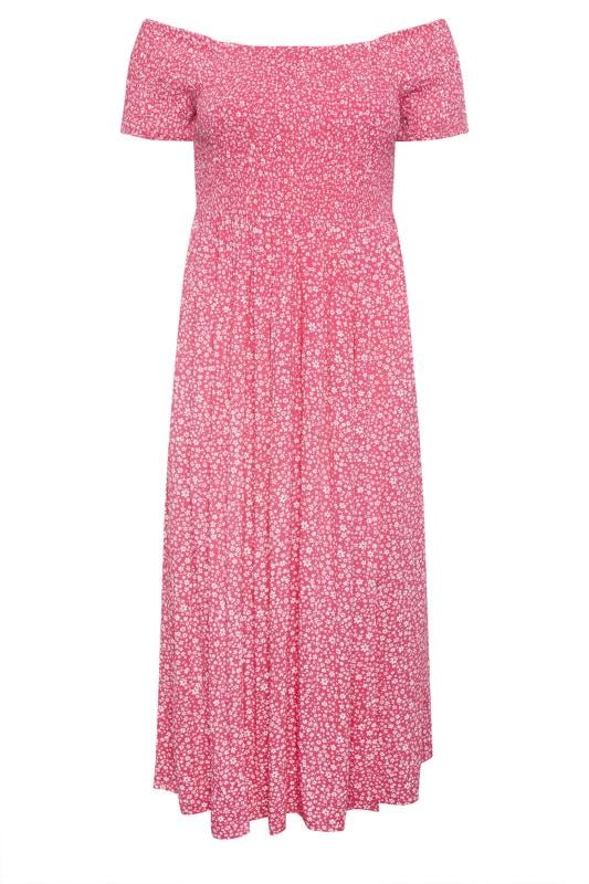 YOURS Plus Size Pink Ditsy Floral Print Shirred Bardot Maxi Dress | Yours Clothing 5