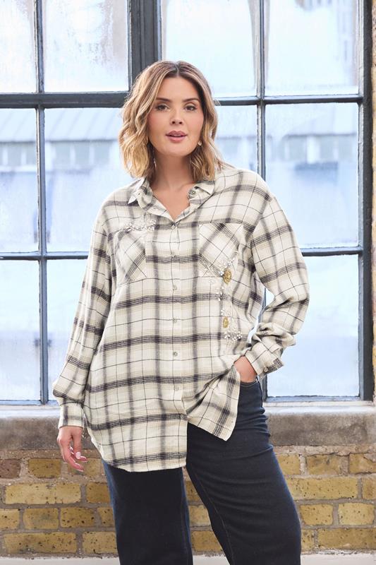 Plus Size  EVANS Curve Natural Brown Sequin Embellished Check Shirt