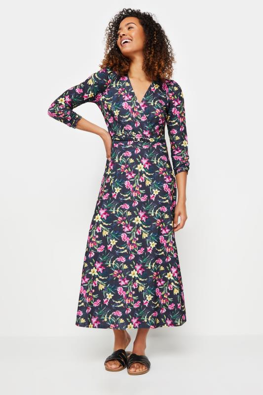 M&Co Navy Blue Floral Print Belted Wrap Midi Dress | M&Co 1