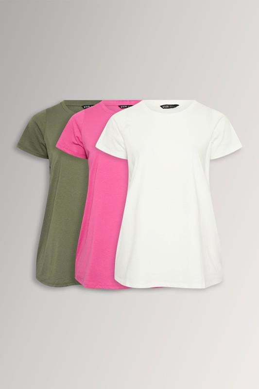YOURSET 3 PACK Curve Khaki Green & Pink Core T-Shirts